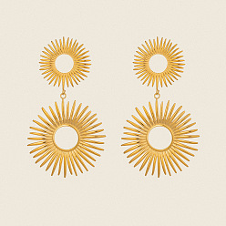 Настоящее золото 18K Винтажные 304 серьги-гвоздики из нержавеющей стали, двойное солнце, реальный 18 k позолоченный, 65x37 мм