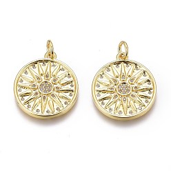 Real 18K Gold Plated Brass Micro Pave Clear Cubic Zirconia Pendants, Long-Lasting Plated, Flat round with Flower, Real 18K Gold Plated, 19.5x17x2mm, Hole: 3mm