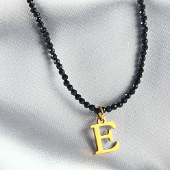 Letter E 304 подвеска из нержавеющей стали с инициалом, ожерелья из граненых круглых бусин черного стекла для женщин, золотые, Письмо E, 15.35 дюйм (39 см)