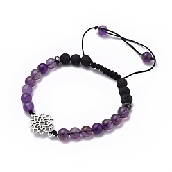 Sahasrara Chakra Jewelry, Adjustable Nylon Thread Braided Bead Bracelets, with Natural Amethyst  & Synthetic Lava Rock Beads, Non-Magnetic Synthetic Hematite Beads and Alloy Links, Sahasrara, Inner Diameter: 1-7/8~3-1/2 inch(4.8~9cm), Link: 20x14x1.3mm