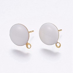 Белый Ионное покрытие (ip) 304 детали серьги-гвоздики из нержавеющей стали, с петлей, эмаль, плоско-круглые, золотые, белые, 11x8x2 мм, отверстие : 1.5 мм, штифты : 0.8 мм, 100шт / сумка