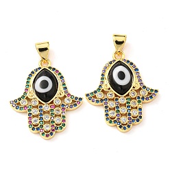 Black Brass Cubic Zirconia Pendants, with Lampwork, Real 18K Gold Plated, Hamsa Hand Charm, Black, 24x20.5x4mm, Hole: 5x3.5mm