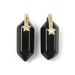 Obsidienne Pendentifs à double extrémité en obsidienne naturelle, Breloques en forme de balle facettée avec étoile pavée de zircon cubique transparent en laiton, réel 18 k plaqué or, sans cadmium et sans plomb, crémaillère plaquage, plaqué longue durée, 21~22x12~13x8.5~9mm, Trou: 0.8~1.5x6.5mm