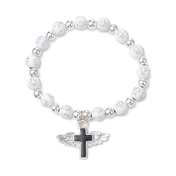 Черный Позолоченные акриловые эластичные браслеты, с пластиковыми бусинами и пластиковыми эмалевыми подвесками, крест с крыльями, чёрные, внутренний диаметр: 1-3/4~2-1/8 дюйм (4.5~5.3 см)