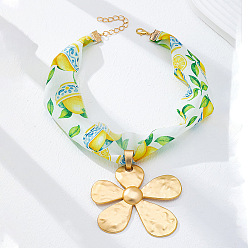Golden Summer Beach Alloy Flower Pendant Chiffon Scarf Necklaces for Women, Green, Golden, 14.37 inch(36.5cm)