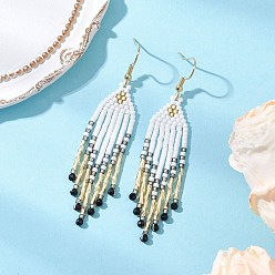 Бледно-Золотистый 304 серьги-подвески из нержавеющей стали с бусинами и стеклянными кисточками, с натуральным черным ониксом, золотые, бледно золотарник, 75x15 мм