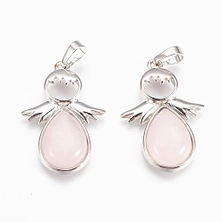 Розовый Кварц Природного розового кварца подвески, с латунной фурнитурой , ангел, платина, 37x24.5x8 мм, отверстие : 8x5 мм