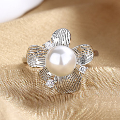 Серебро Регулируемые латунные кольца для женщин с микропаве из кубического циркония и искусственным жемчугом, цветок, серебряные, 15~20 мм