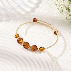Gemstone Natural Amber Round Graduated Beaded Brass Cuff Bangles, Golden, Inner Diameter: 1.97 inch(5cm)