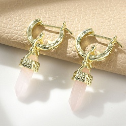 Розовый Кварц Серьги из натурального розового кварца с обручем, с ионным покрытием (IP) латунные выводы, шестиугольная пирамида, золотые, 32x7 мм