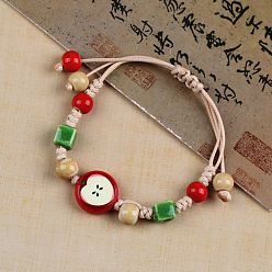 Разноцветный Браслеты с подвесками из фарфорового бисера ручной работы, браслеты из вощеного шнура, плетеные из бусин, яблоко, красочный, 5-7/8~9-7/8 дюйм (15~25 см)