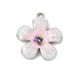 Pink 304 Stainless Steel Enamel Pendants, with Sequins/ Paillettes, Flower Charms, Platinum, Pink, 27x24.5x4mm, Hole: 2mm