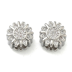 Платина Цветок латунный микропаве прозрачный кубический цирконий европейские бусины, без кадмия и без свинца, стойки покрытие, долговечный, платина, 10.5x8.5 мм, отверстие : 5 мм