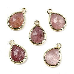 Клубничный Кварц Граненые подвески из натурального клубничного кварца, стойки с позолоченными латунными подвесками-каплями, 14x9.5x4 мм, отверстие : 1.4 мм
