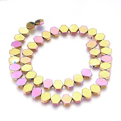Rainbow Plated Electroplated Non-magnetic Synthetic Hematite Beads Strands, Polish, Hexagon, Multi-color Plated, 10x9x3mm, Hole: 1mm, about 45pcs/strand, 15.74 inch(40cm)
