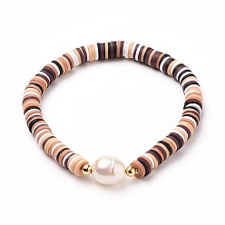 Кокосово-Коричневый Бусины хейши из полимерной глины эластичные браслеты, с акриловыми бусинами из искусственного жемчуга и латунными бусинами, кокосового коричневый, внутренний диаметр: 2-1/4 дюйм (5.6 см)
