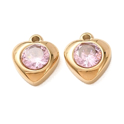 Pink 304 подвески из нержавеющей стали с кубическим цирконием, сердце прелести, одиночные каменные прелести, реальный 14 k позолоченный, розовые, 14x12x5 мм, отверстие : 1.8 мм