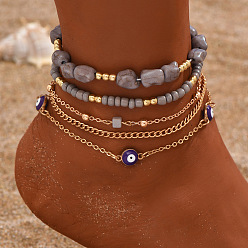 Светло-серый Сглаз с использованием железа, натурального хаулита, смолы и стеклянных бусин 5 многослойные браслеты на лодыжку для женщин, золотые, светло-серый, 8-1/4 дюйм (210 мм), 5 шт / комплект