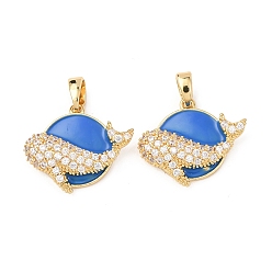 Настоящее золото 18K Латунные подвески с микропаве из кубического циркония и эмали, океан и дельфин, стойки покрытие, долговечный, без свинца и без кадмия, реальный 18 k позолоченный, 16x9x4 мм, отверстие : 5x3 мм