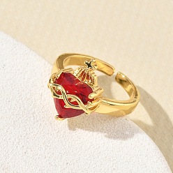 Golden Brass & Glass Cuff Open Rings for Women, Sacred Heart, Long-Lasting Plated, Rack Plating, Lead Free & Cadmium Free, Golden, 17mm, Heart: 15.5x12mm