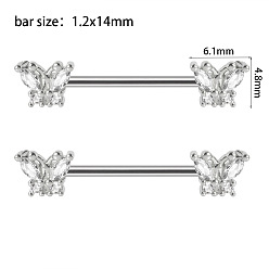 Бабочка 304 Кольца для сосков из нержавеющей стали с прозрачным кубическим цирконием, булавки для пирсинга сосков, цвет нержавеющей стали, бабочка, 4.8x6.1 мм, штифты : 14x1.2 мм