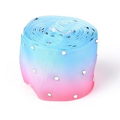 Colorful Polyester Grosgrain Ribbon, with Single Face Crystal Rhinestone, for Crafts Gift Wrapping, Party Decoration, Colorful, 2 inch(52mm), 5 yards/roll(4.57m/roll)