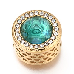 Бирюза 304 из нержавеющей стали европейские шарики, бусины с большим отверстием, со стразами, плоско-круглые, бирюзовые, 12x10 мм, отверстие : 4.5 мм