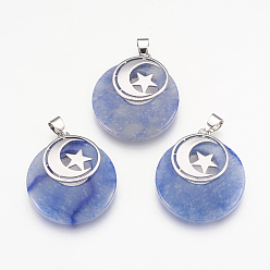 Синий Авантюрин Подвески из окрашенного и нагретого натурального синего авантюрина, с латунной фурнитурой платинового цвета, плоские круглые с Луны и звезды, 32x28x7 мм, отверстие : 4x5 мм