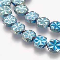 со Синим Покрытием Гальванические немагнитная синтетический гематит бисер пряди, класс АА, шестиугольник с цветком, с покрытием синим, 9x8x2.5~3 мм, отверстие : 1 мм, около 40 шт / нитка, 15.7 дюйм (40 см)