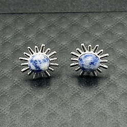 Серебро Серьги-гвоздики из сплава с натуральным тигровым глазом и цветком, серебряные