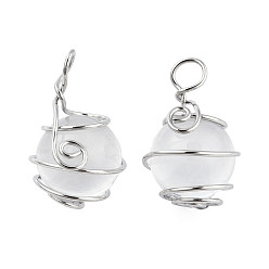 Quartz Crystal Natural Quartz Crystal Pendants, Rock Crystal Pendants, with Platinum Plated Brass Wire Wrapped, Round Charm, 28.5~34x18.5~20x17~19mm, Hole: 4~5.5mm
