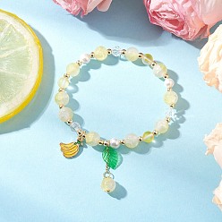 Банан Браслеты из синтетического лунного камня и стеклянных круглых бусин, сплав эмаль фруктовые подвески браслеты для женщин, с оболочкой шарик перлы, банан, внутренний диаметр: 2-1/4 дюйм (5.8 см), бусина : 3.5~8x3~7.5 mm, банан: 14.5x10.5x2 мм