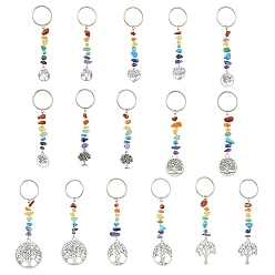 Смешанные камни Брелки в тибетском стиле из сплава «Древо жизни», с кусочками драгоценных камней чакры и железными брелоками для ключей, 8.5~10.5 см