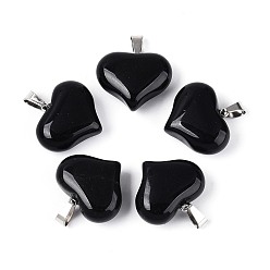 Обсидиан Природные подвески обсидиана, Подвески в форме сердца с железными защелками., платина, 21.5~22x25~25.5x10.5~11 мм, отверстие : 7.5x3.5 мм