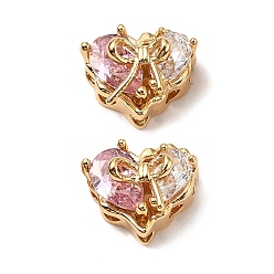 Бледно-Розовый Латунные микро проложить кубического циркония бусы, без кадмия, без никеля и без свинца, сердце с бантом, реальный 18 k позолоченный, розовый жемчуг, 9.5x12x8 мм, отверстие : 1 мм