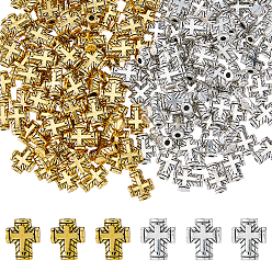 Antique Silver & Antique Golden 160Pcs 2 Colors Tibetan Style Alloy Beads, Cross, Cadmium Free & Lead Free, Antique Silver & Antique Golden, 10x8.5x3mm, Hole: 1.8mm, about 80pcs/color