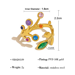 Разноцветный 304 Кольца-манжеты из нержавеющей стали с паве из кубического циркония, лист, реальный 18 k позолоченный, красочный, 18x22 мм, внутренний диаметр: 18 мм