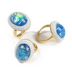 Темно-Голубой Латунные регулируемые кольца, Кольца из искусственного жемчуга из смолы и АБС для женщин, овальные, глубокое синее небо, внутренний диаметр: 18.5 мм