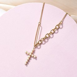 Золотой 304 ожерелья с подвеской-крестом из нержавеющей стали и пластика ABS с имитацией жемчуга, белые, ионное покрытие (ip), золотые, 16.61 дюйм (42.2 см)