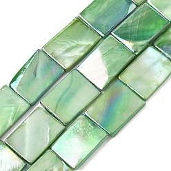 Lime Green Natural Freshwater Shell Beads Strands, AB Color Plated, Dyed, Rectangle, Lime Green, 20x15x2.8~3mm, Hole: 0.8mm, about 20pcs/strand, 15.75 inch(40cm)