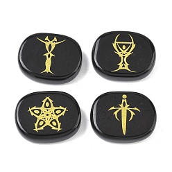 Обсидиан 4шт 4 стили натуральный обсидиан дисплей украшения, фигурка для украшения дома, энергетический камень рейки для исцеления, овал с символом тарруссо, 25x20x7~7.5 мм, 1 шт / стиль