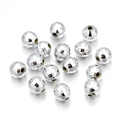 Silver Plated Faceted Acrylic Beads, Round, Silver Color Plated, about 6mm wide, 6mm long, hole: 1mm, about 5000pcs/500g