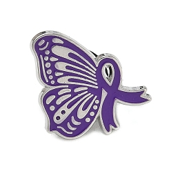 Púrpura Pines esmaltados de mariposa y cinta de concienciación, Alfileres de solapa de aleación para mochilas y ropa, Platino, púrpura, 19.5x20 mm