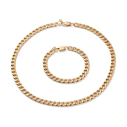 Oro Cadenas cubanas de acero inoxidable, pulseras y collares, conjuntos de joyas, chapado al vacío de PVD para mujer, con cierre de langosta, dorado, 304 pulgada (7-5/8 cm), 19.3 pulgada (17-3/4 cm)