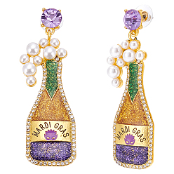 Разноцветный 1 пара серег-гвоздиков с подвесками в виде бутылок шампанского и вина из цинкового сплава с блестками на карнавальную тематику, длинные серьги-капли с пластиковыми жемчужными бусинами, красочный, 68x21 мм