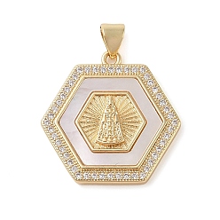Шестиугольник Латунные микро проложить кубического циркония подвески, без кадмия и без свинца, с подвесками из ракушек, Дева Мария, реальный 18 k позолоченный, шестиугольник, 23.5x23.5x3.5 мм, отверстие : 3.5x4 мм