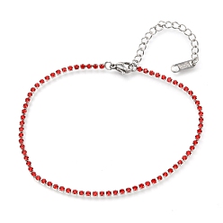 Красный 304 браслеты-цепочки из нержавеющей стали со стразами, с карабин-лобстерами , цвет нержавеющей стали, красные, 8-3/8 дюйм (21.2 см)
