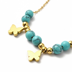 Real 18K Gold Plated Ion Plating(IP) 304 Stainless Steel Butterfly Pendant Necklaces, Synthetic Turquoise Bead Necklaces for Women, Real 18K Gold Plated, 15.91 inch(40.4cm)