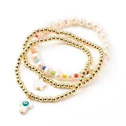 Real 18K Gold Plated Stretch Bracelets, with Natural Cultured Freshwater Pearls, Glass Seed Beads and Freshwater Shell Beads, Brass Beads, Real 18K Gold Plated, Inner Diameter: 2-1/8~2-5/8 inch(5.3~6.8cm), 3pcs/set