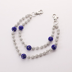 Средно-синий Двухслойные цепочки для брюк из полимерной глины с круглыми бусинами и стразами, с поворотными застежками сплава, платина, светло-синий, 300 мм